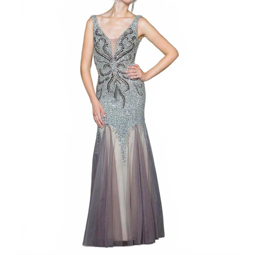 NEW GLOW BY COLORS DRESS beaded mermaid gown in silver